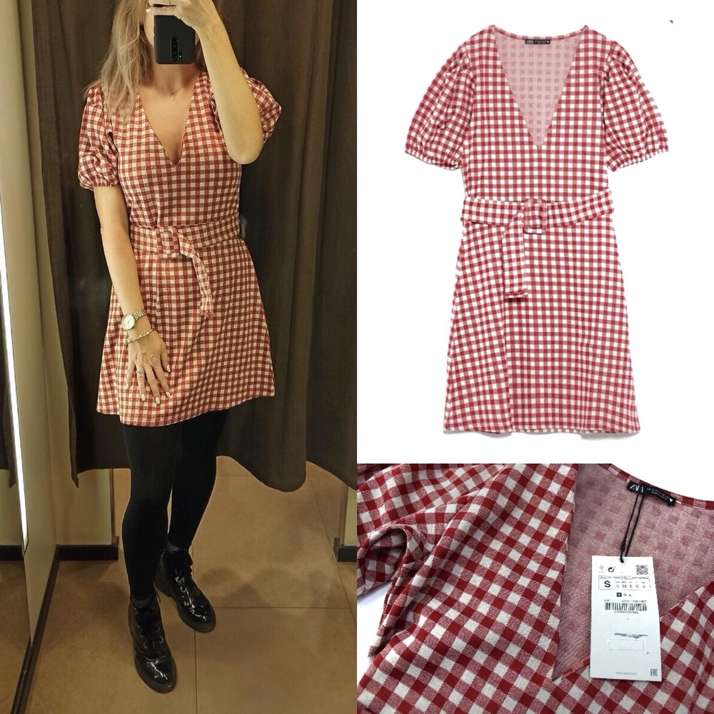 Zara Red Checked Textured Dress Volume Puff Top S